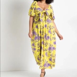 Eloquii Yellow Floral Tie-Front Off The Shoulder Maxi Dress 22